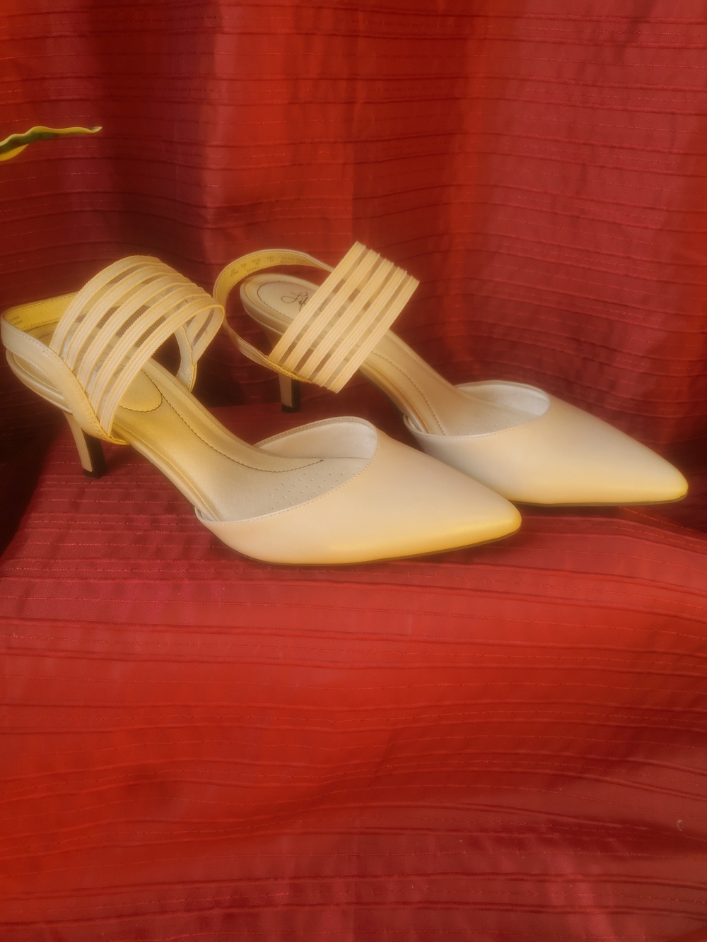 Life Stride Cream Pointed Toe Strappy Low Heel Pumps